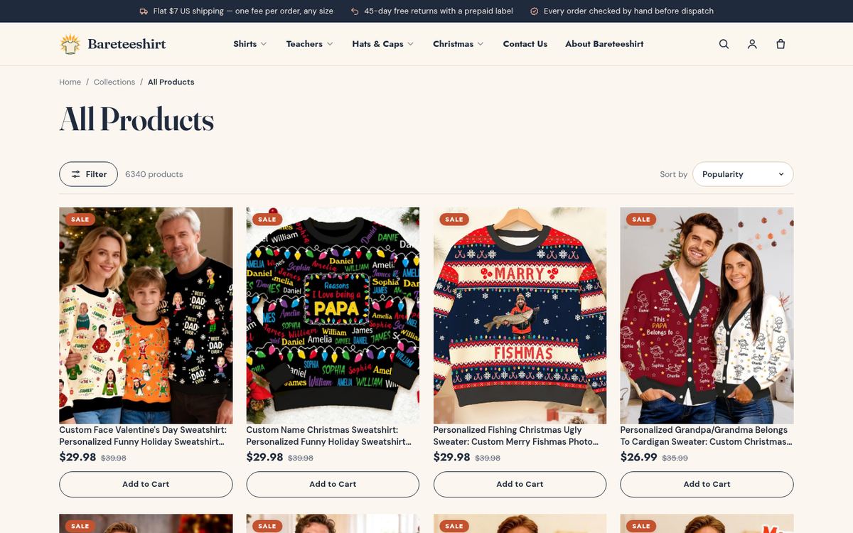 Bareteeshirt collection page listing 6,340 products