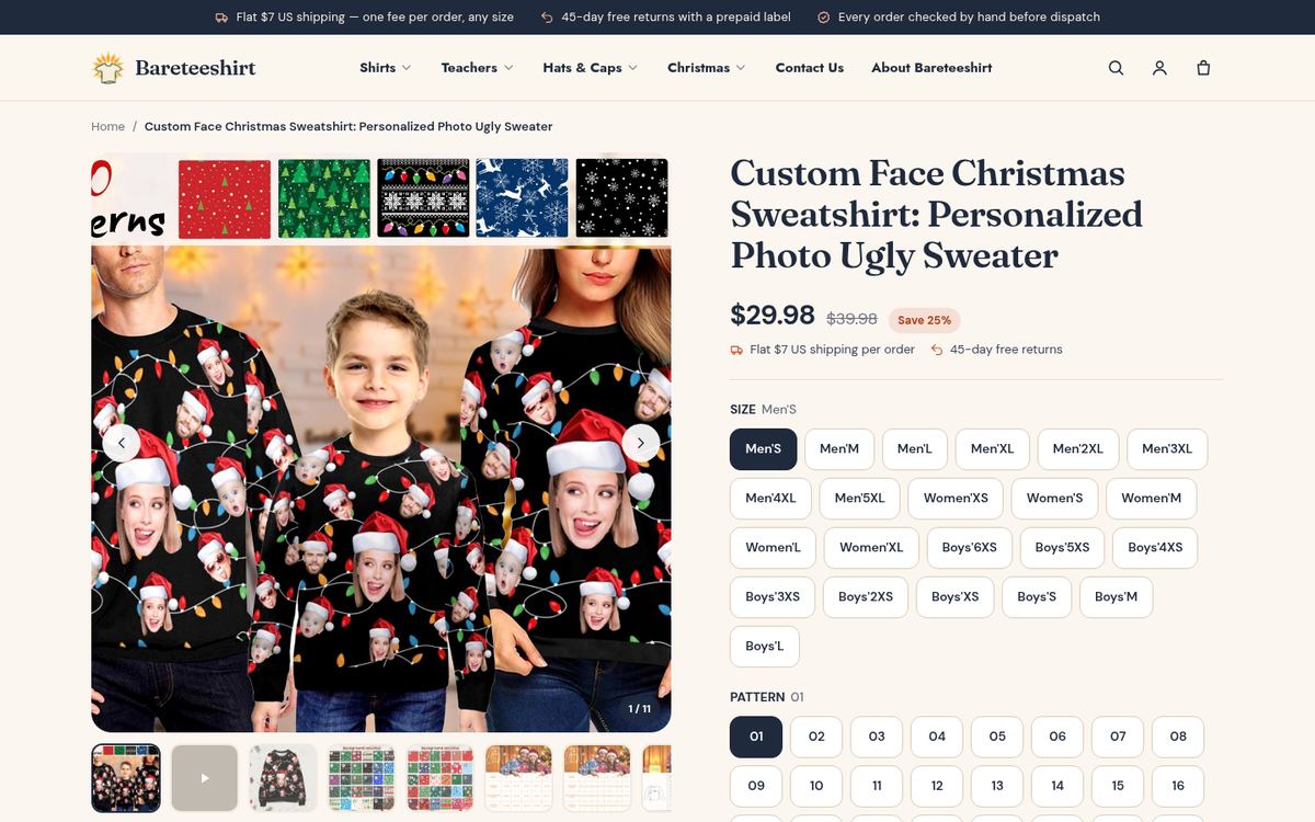Personalized product page with size and pattern options on Bareteeshirt