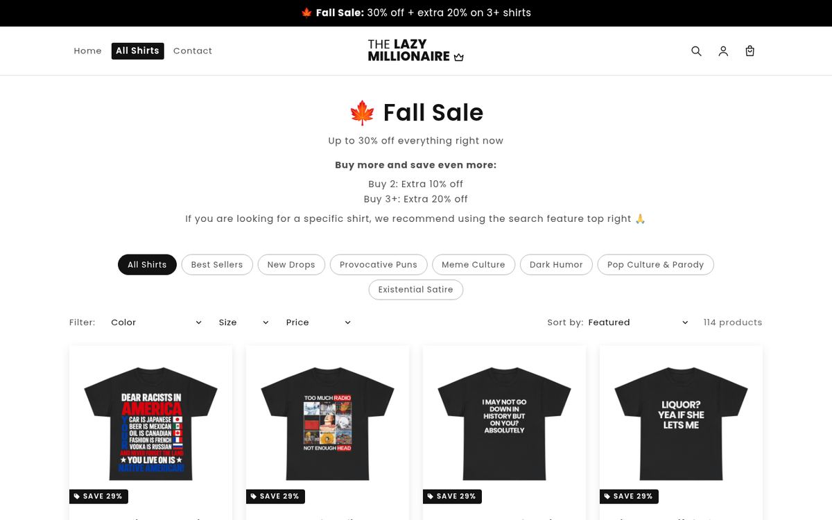 Collection page with filters on The Lazy Millionaire store