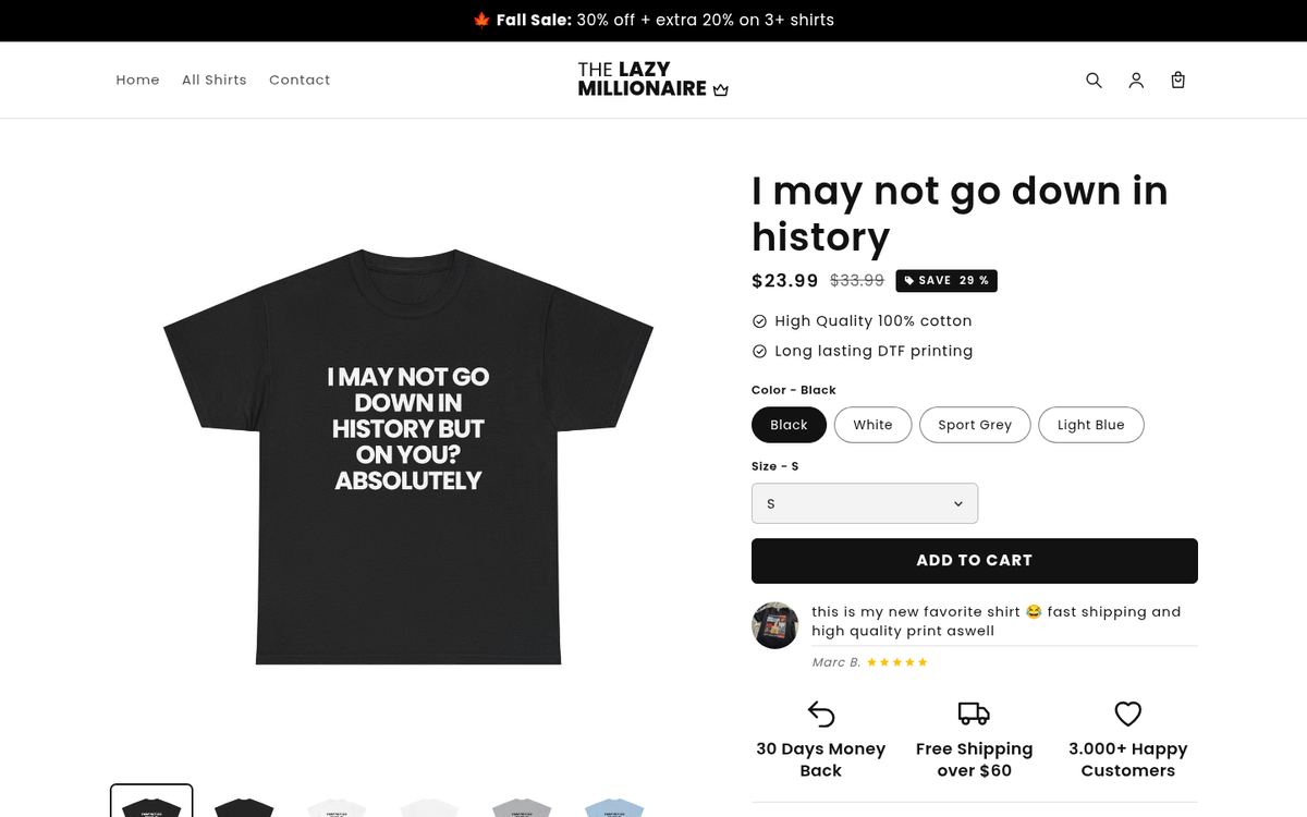 Product page with sale price and color options on The Lazy Millionaire