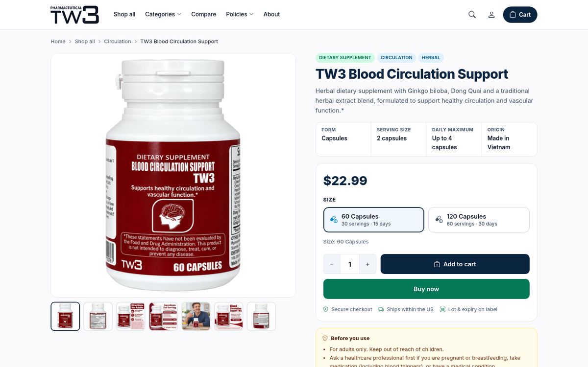 Product page with Add to cart and Buy now buttons on Pharmaceutical TW3