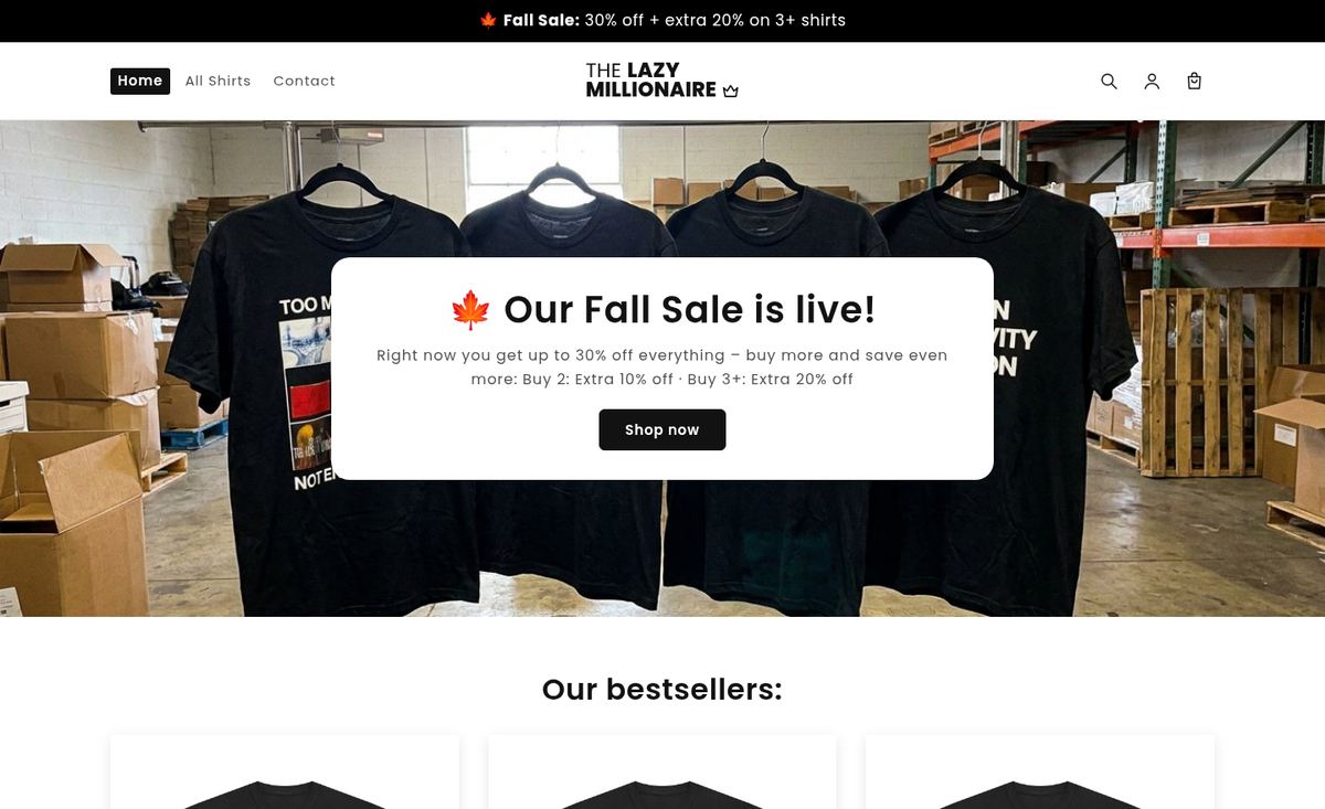 The Lazy Millionaire storefront homepage